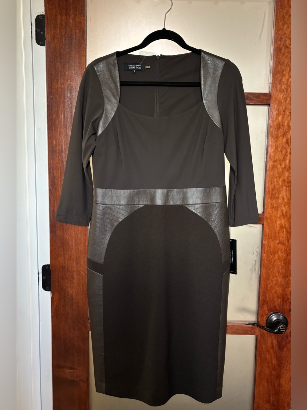 Teri Jon Olive Sheath Dress with Metallic Panel Accents